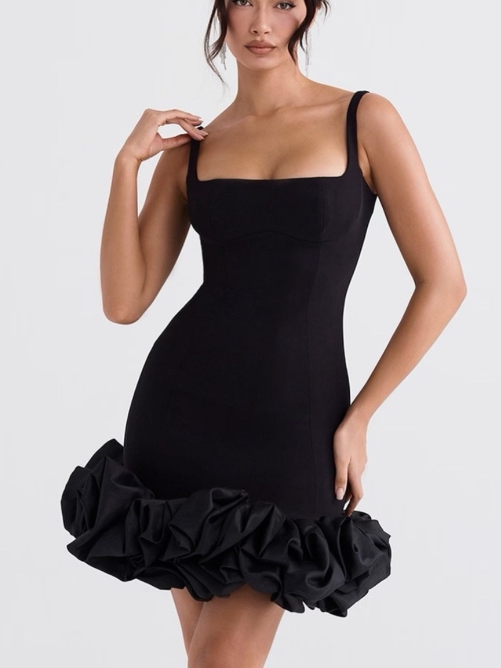 House of CB Lilou Black Ruffle Hem Dress Size Medium